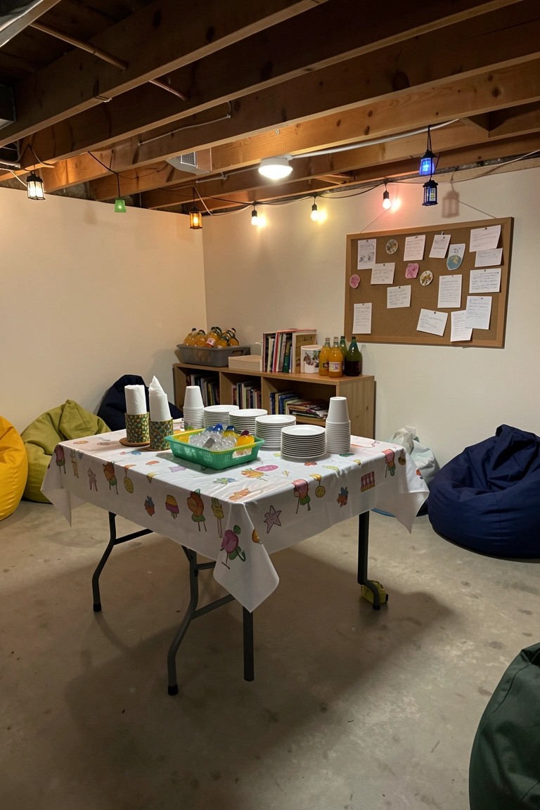 A folding table covered with a white Halloween-themed tablecloth holds stacks of paper plates and cups in a basement room with beanbag chairs and string lights.