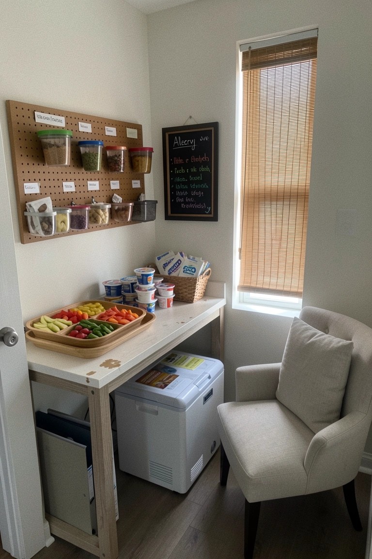 A small interior pantry corner features a wooden pegboard with hanging storage bins, a white counter holding a divided tray of vegetables and yogurt cups, a portable cooler underneath, a chalkboard sign on the wall, and an upholstered chair beside a window with bamboo blinds.