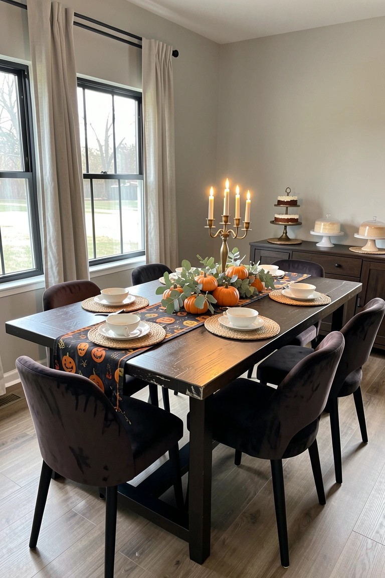 Long wooden table with pumpkin runner, lit candles, and orange pumpkin centerpiece