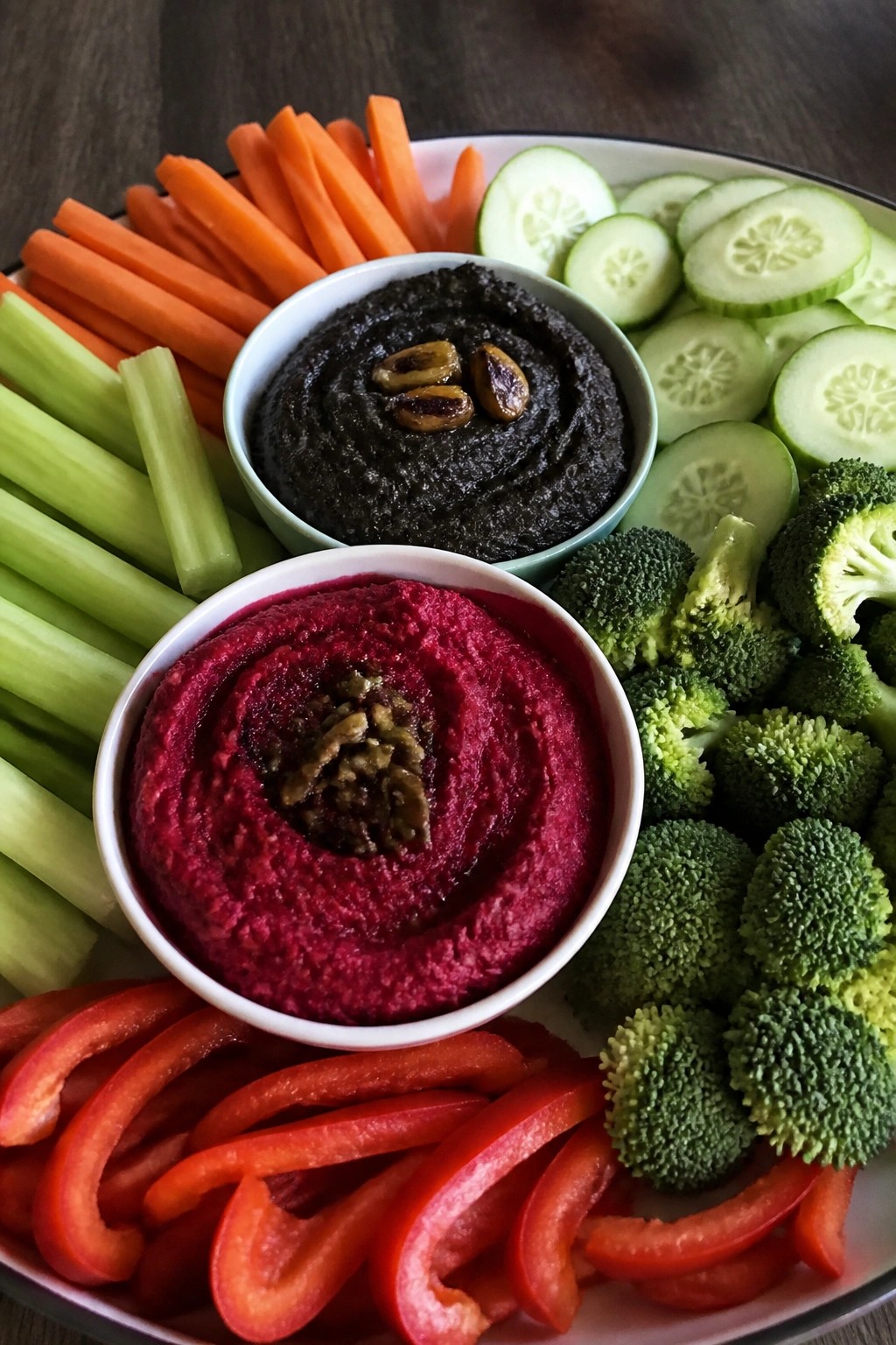 Creeping Crudites Platter with Black Garlic Hummus and Beet Dip