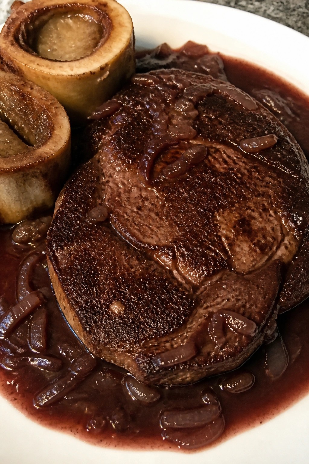 Gory Ribeye with Red Wine Shallot Sauce and Bone Marrow