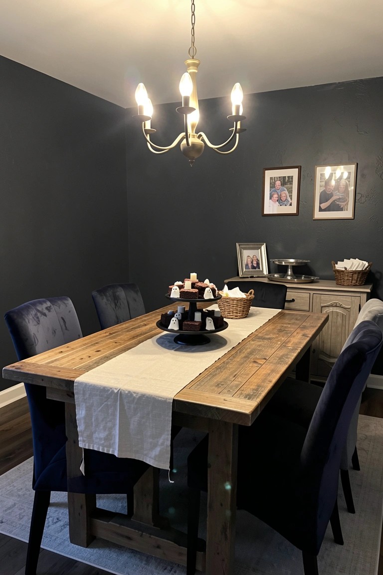 A dining room features a long wooden table with a white runner, navy velvet chairs, a chandelier overhead, and Halloween brownies displayed on black stands.