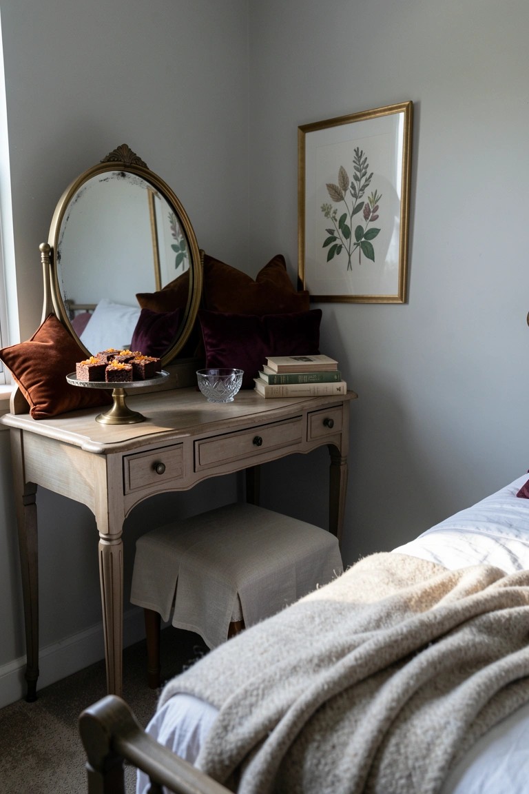 A light wood vanity table with oval mirror stands in a bedroom corner beside a bed, holding brownies on a cake stand, books, and a glass bowl, with velvet pillows and a beige throw visible.