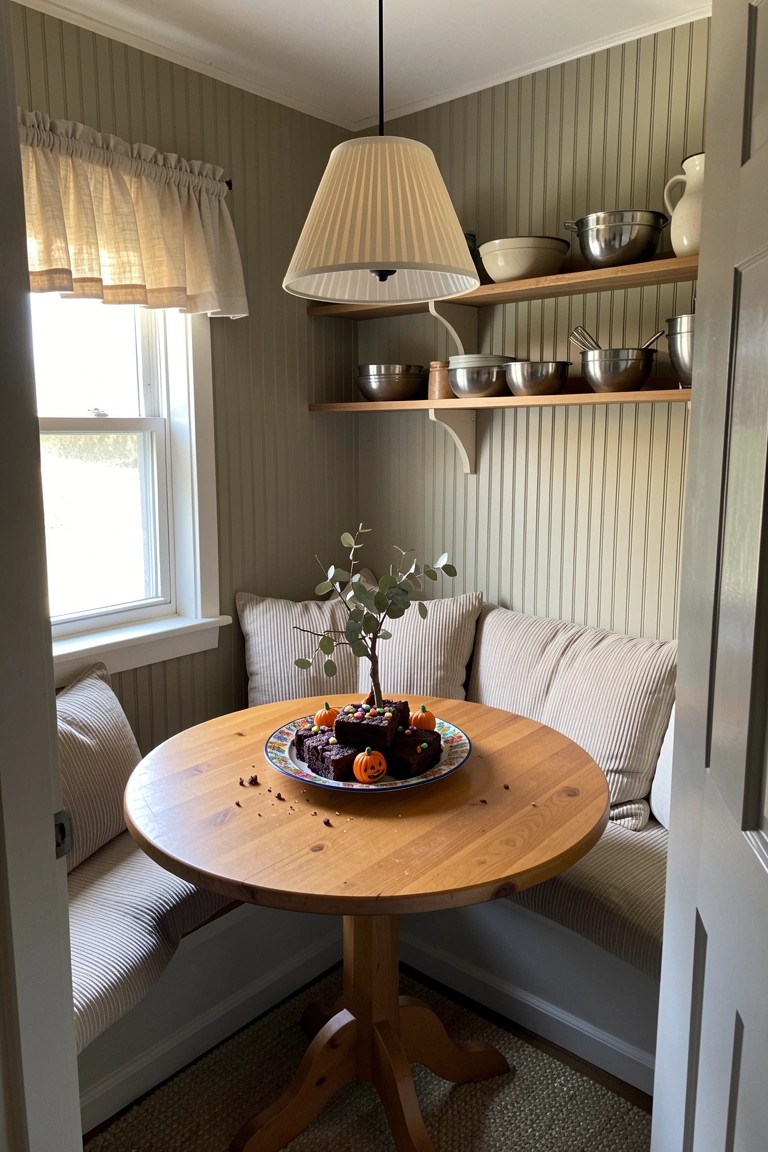 A small interior dining nook with a round wooden table, built-in bench seating with striped cushions, open wooden shelves holding bowls and kitchenware, and a plate of brownies on the table.