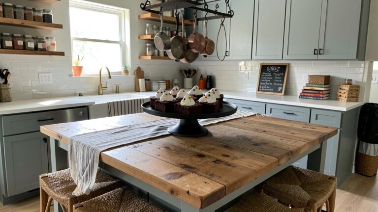 15 Fudgy Halloween Brownies That Are a Scream A kitchen with a wooden island topped by a black cake stand holding chocolate brownies decorated with white ghost shapes.