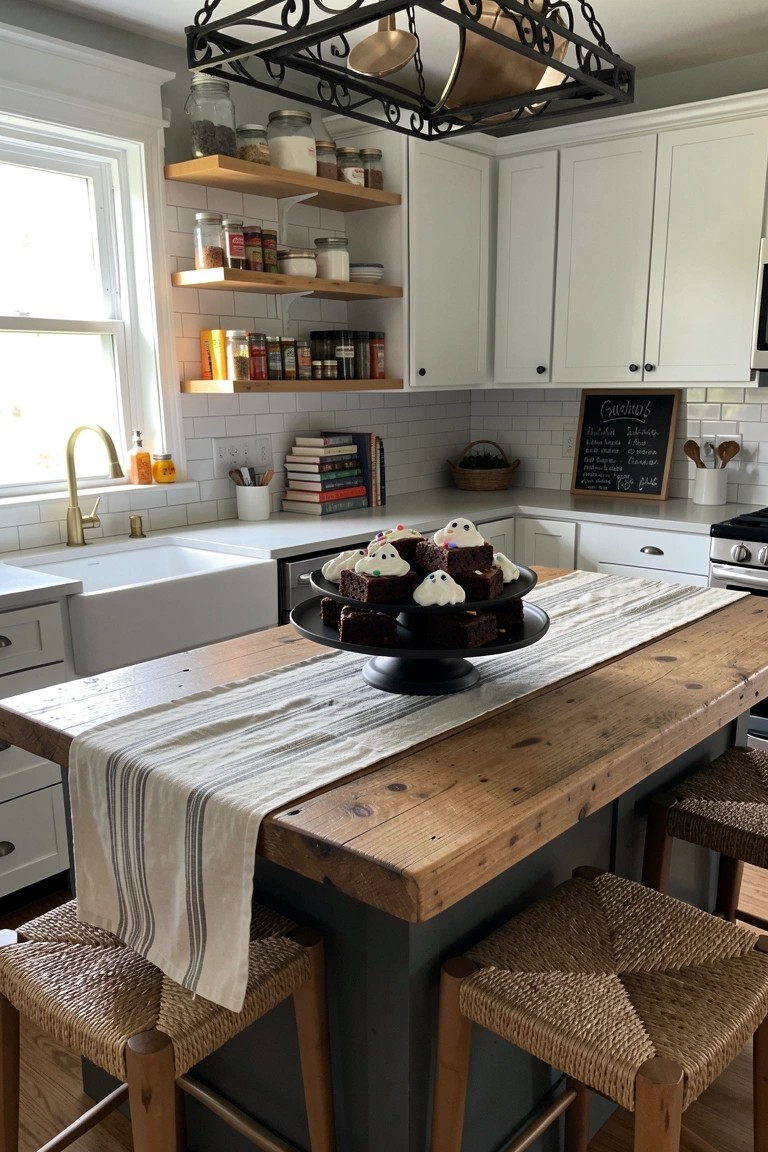 A kitchen with a wooden island topped by a black cake stand holding chocolate brownies decorated with white ghost shapes.