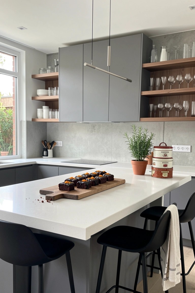 Modern kitchen interior showing a white countertop island with chocolate brownies on a wooden board, gray cabinets, wood floating shelves, and black bar stools.