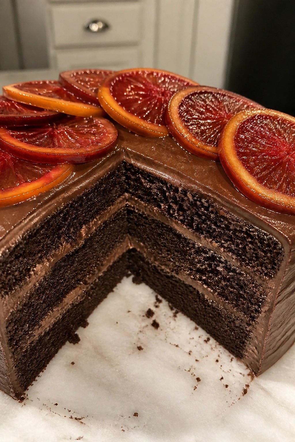 Bourbon Dark Chocolate Layer Cake with Candied Blood Orange