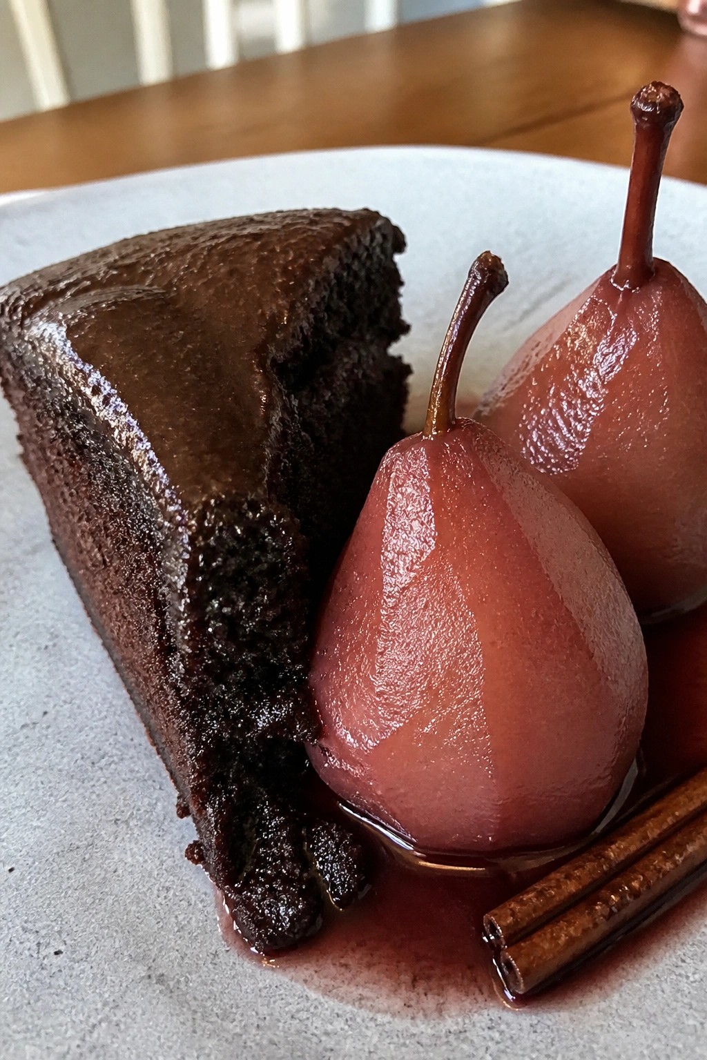 Red Wine Chocolate Cake with Poached Pears