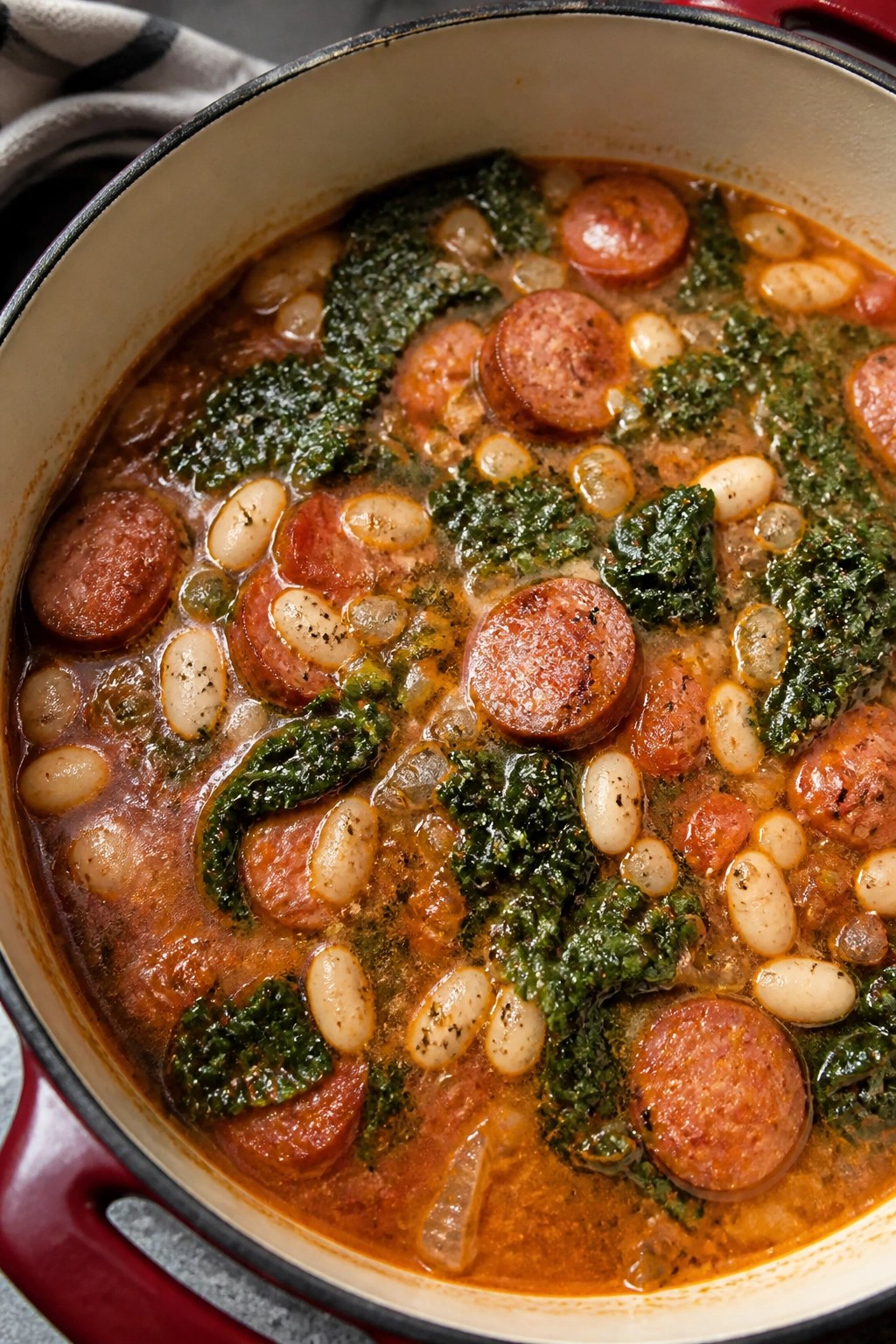 Spooky Slow Cooker Sausage, Kale, and White Bean Cassoulet