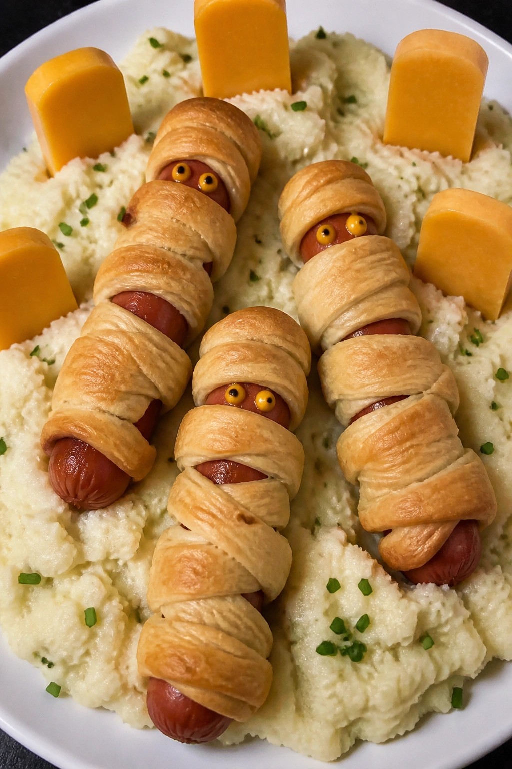 Mummy-Wrapped Hot Dogs with Graveyard Mashed Potatoes