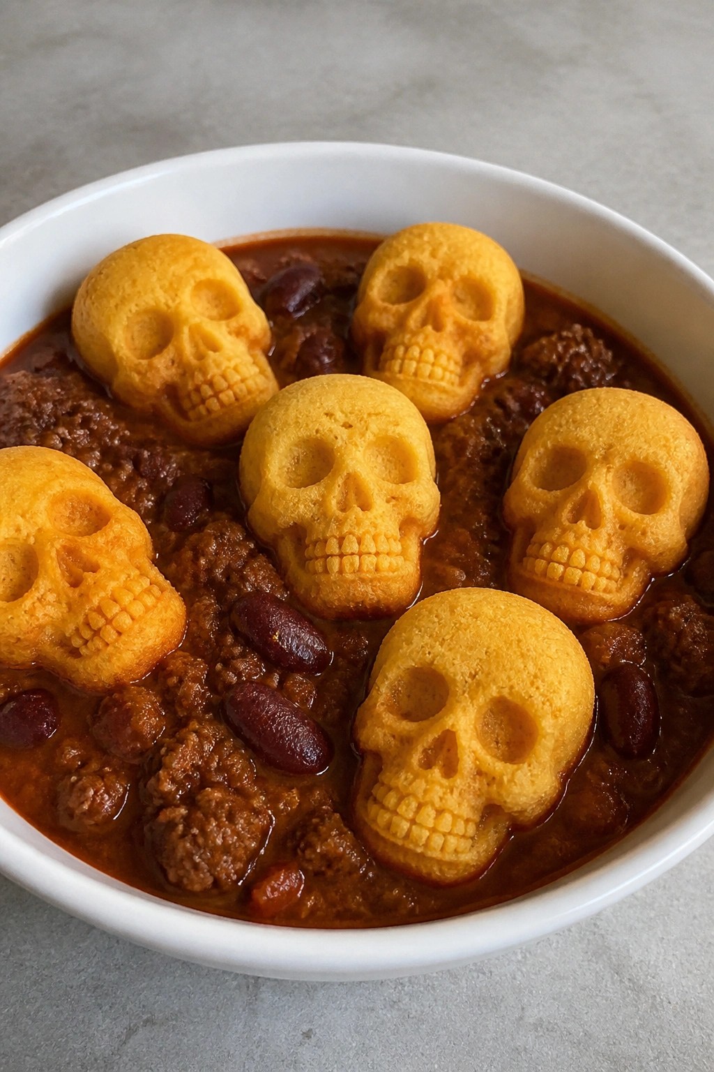 Witch’s Cauldron Beef Chili with Cornbread Skulls