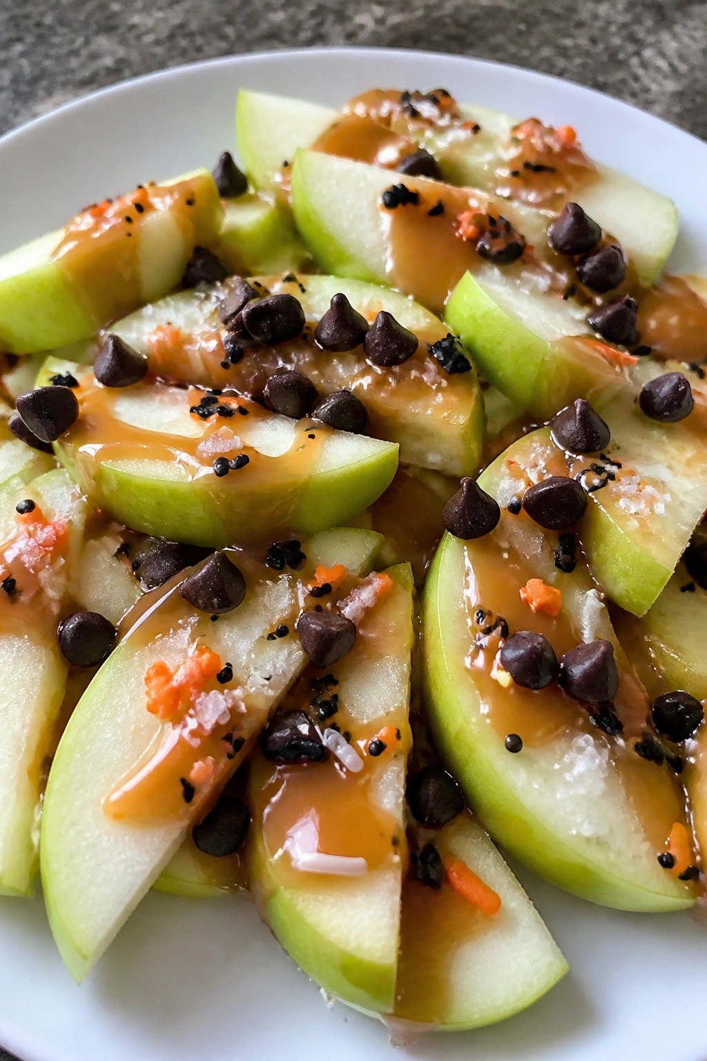 Haunted Apple Nachos with Caramel Drizzle