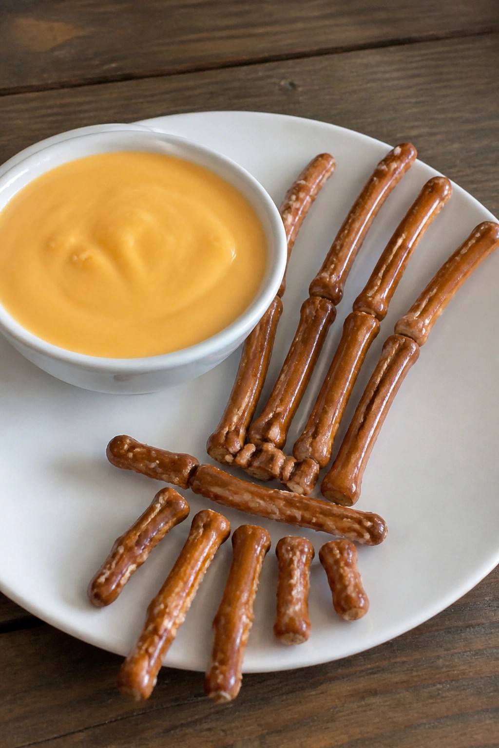 Skeleton Bone Pretzel Rods and Cheese Sauce