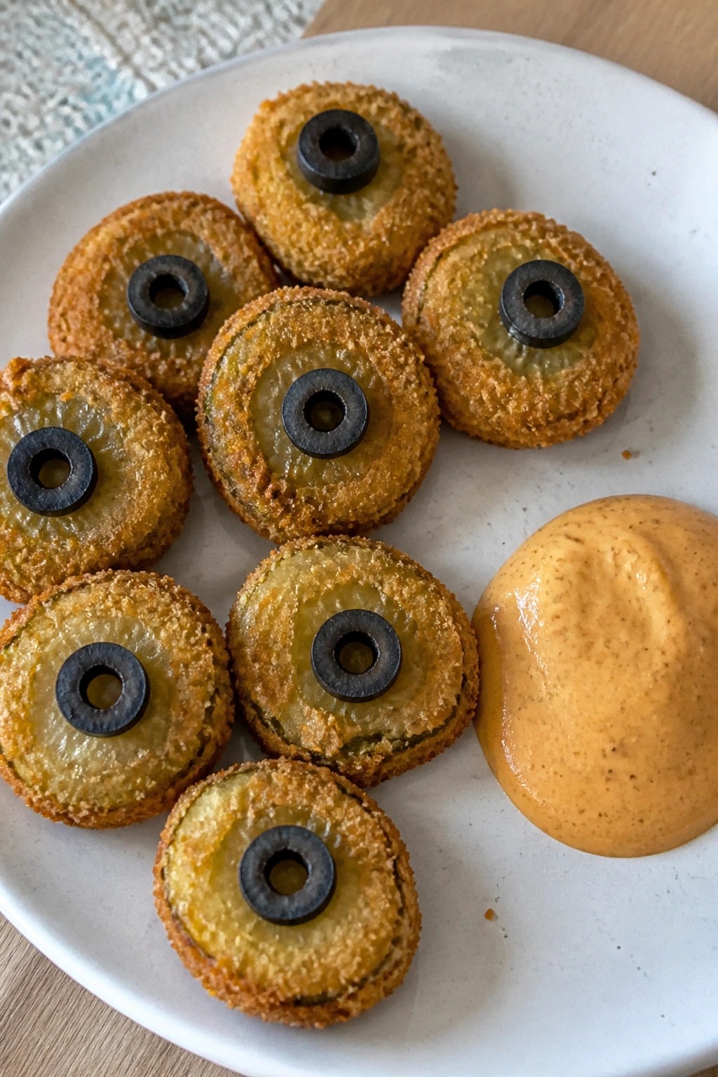 Fried Pickle Eyeballs with Spicy Aioli