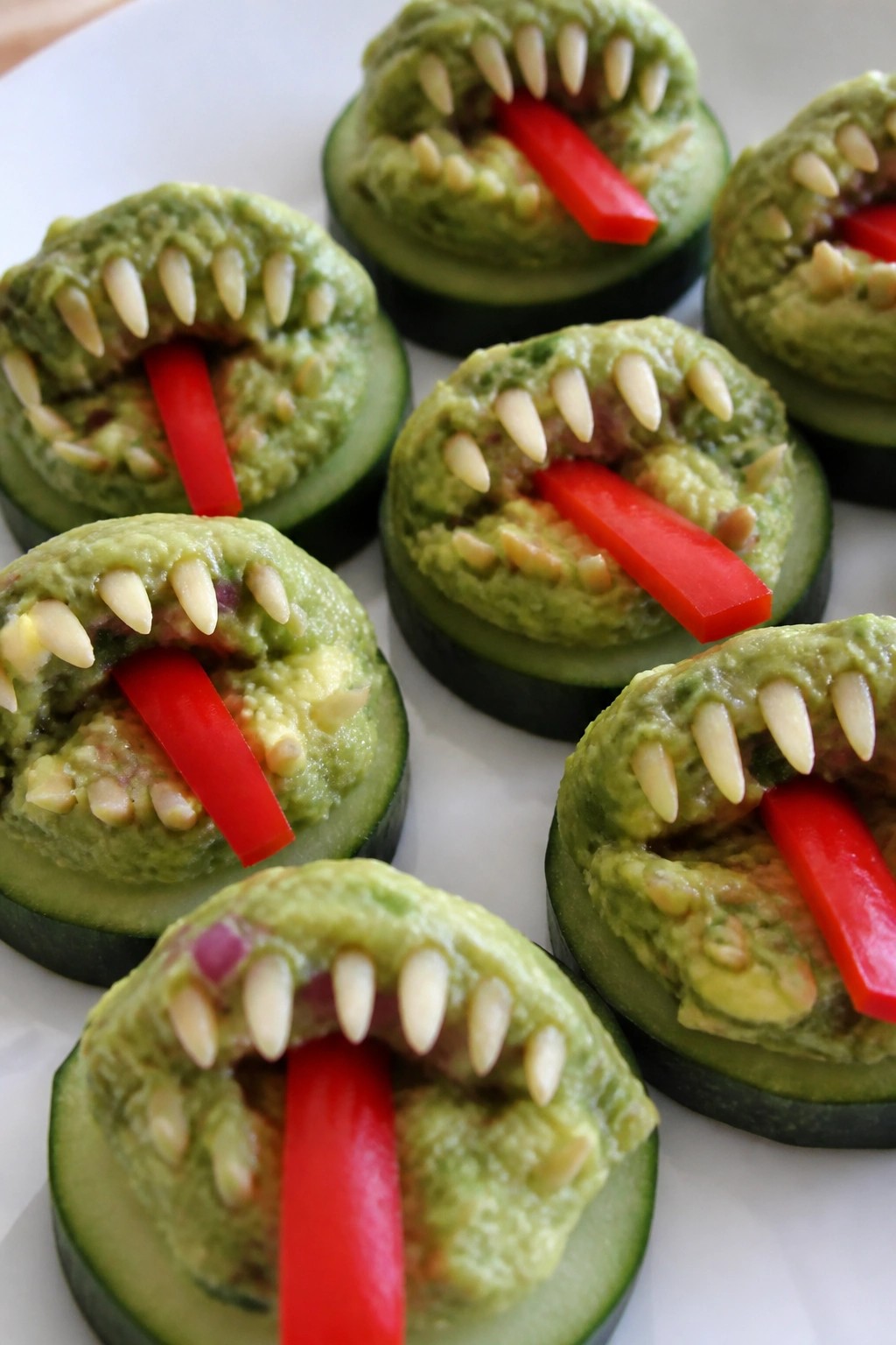 Guacamole Monster Mouths on Cucumber Slices