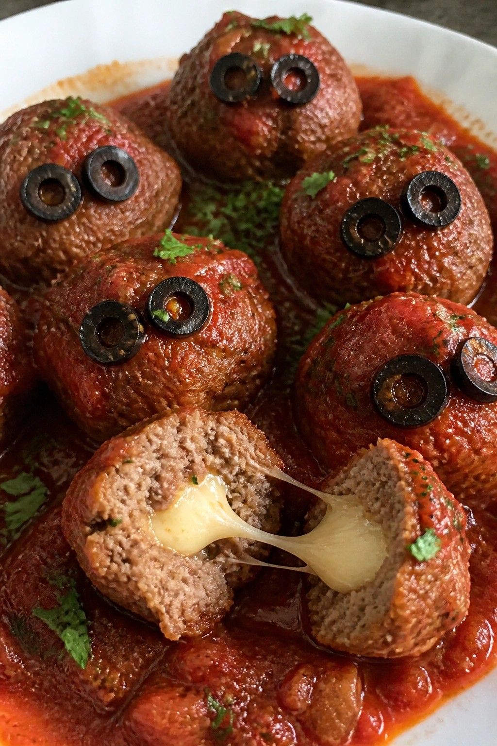 Mozzarella-Stuffed Meatball Eyeballs in Marinara