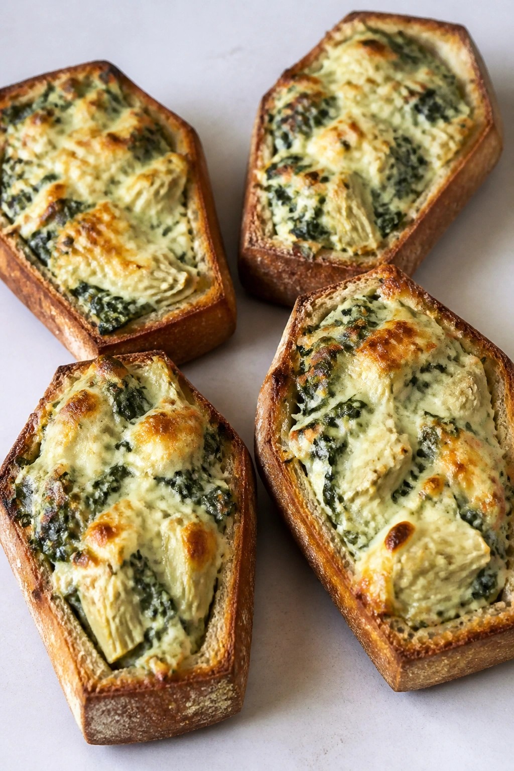 Spinach Artichoke Dip in Sourdough Coffin Bowls