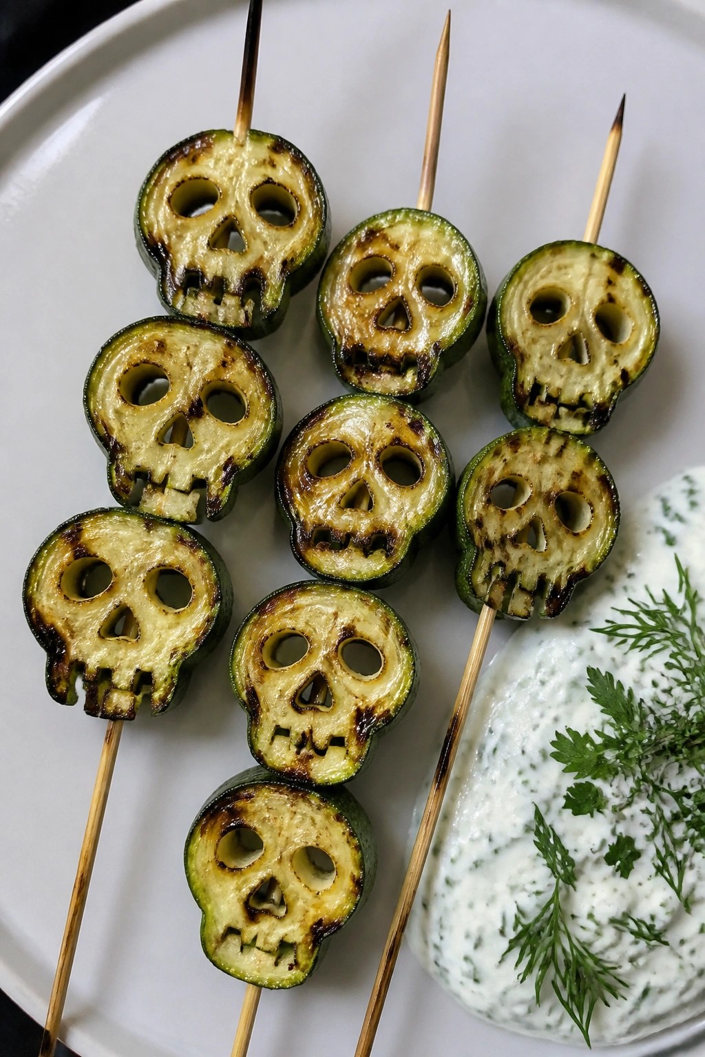 Zucchini Skull Skewers with Herb Yogurt Sauce