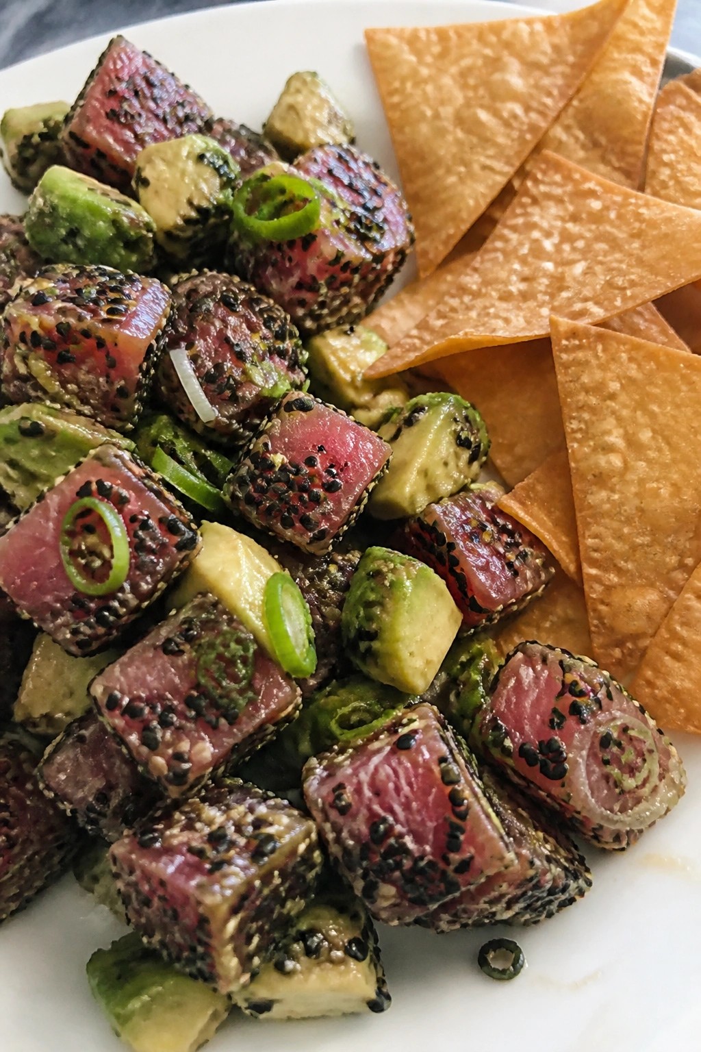 Black Sesame-Crusted Ahi Tuna Tartare with Wonton Crisps