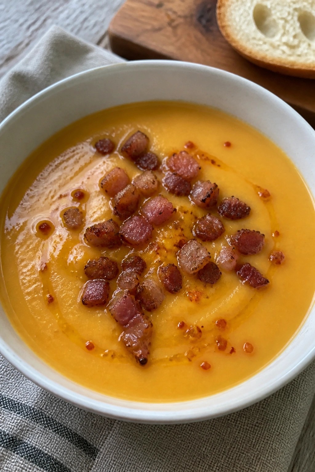 Butternut Squash Velouté with Crispy Pancetta and Chili Oil