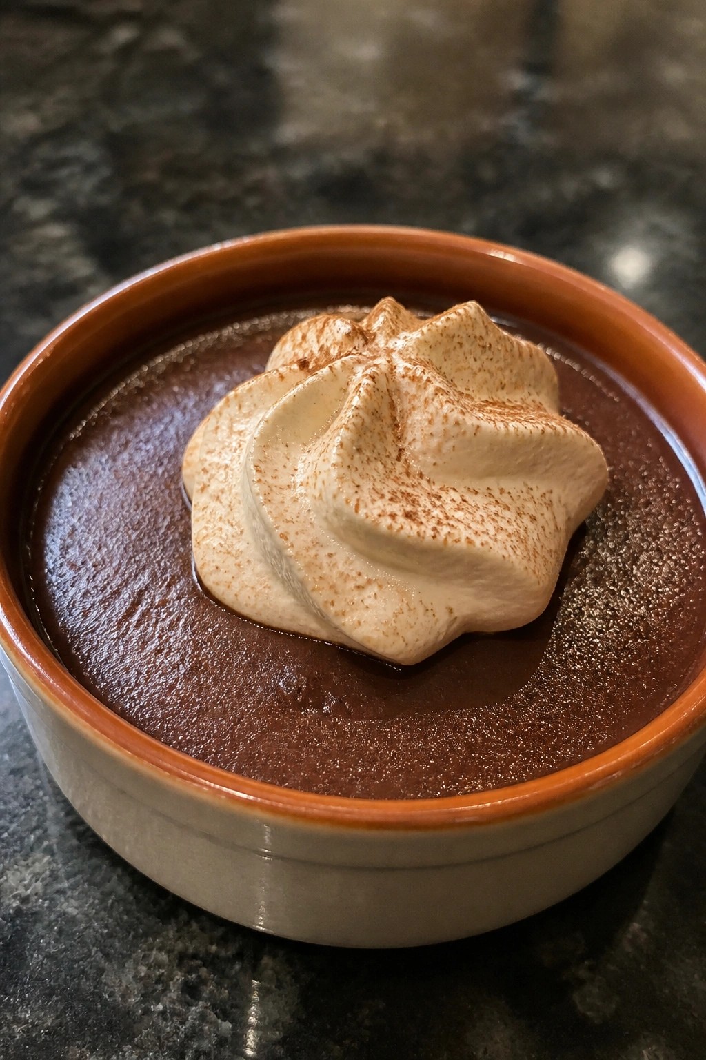 Dark Chocolate Chili Pots de Crème with Espresso Whipped Cream