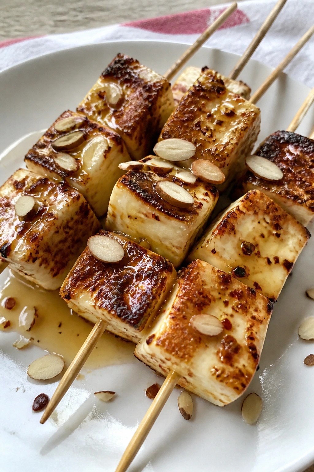 Grilled Halloumi Skewers with Hot Honey and Toasted Almonds