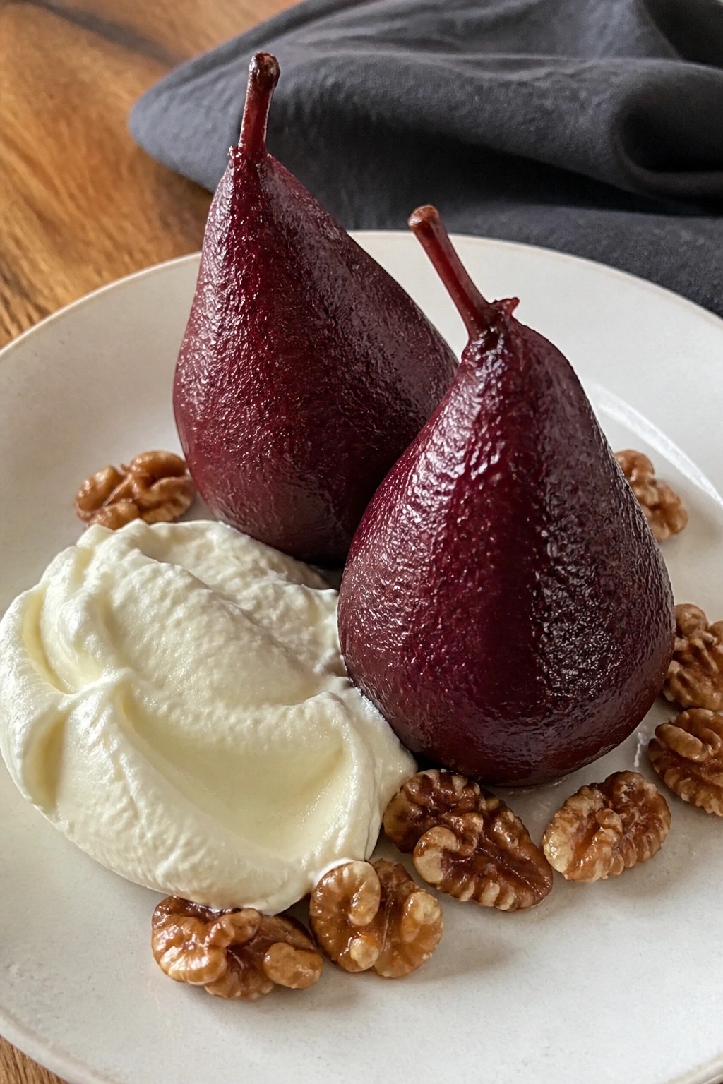 Red Wine Poached Pears with Mascarpone and Candied Walnuts