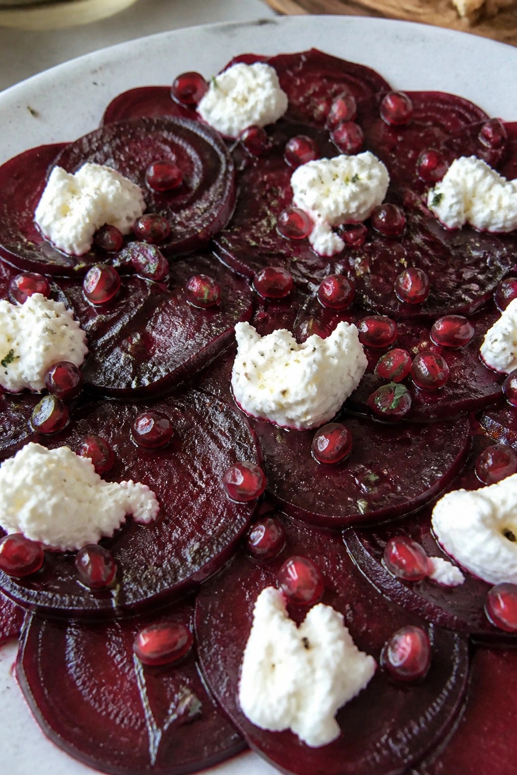 Roasted Beet Carpaccio with Whipped Goat Cheese and Pomegranate
