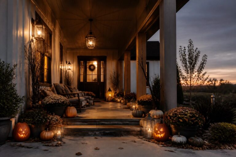 19 Bold Halloween Exterior Designs That Make a Statement Front porch decorated with two posed skeletons, assorted pumpkins, and lit lanterns arranged on the steps and around the entry.