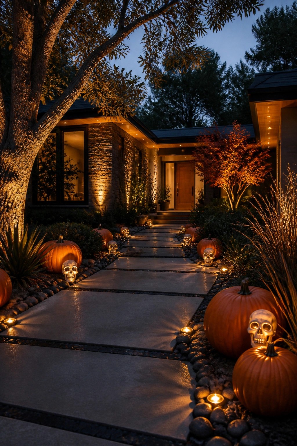 Stone path lined with pumpkins, skulls and candles leading to lit house at dusk