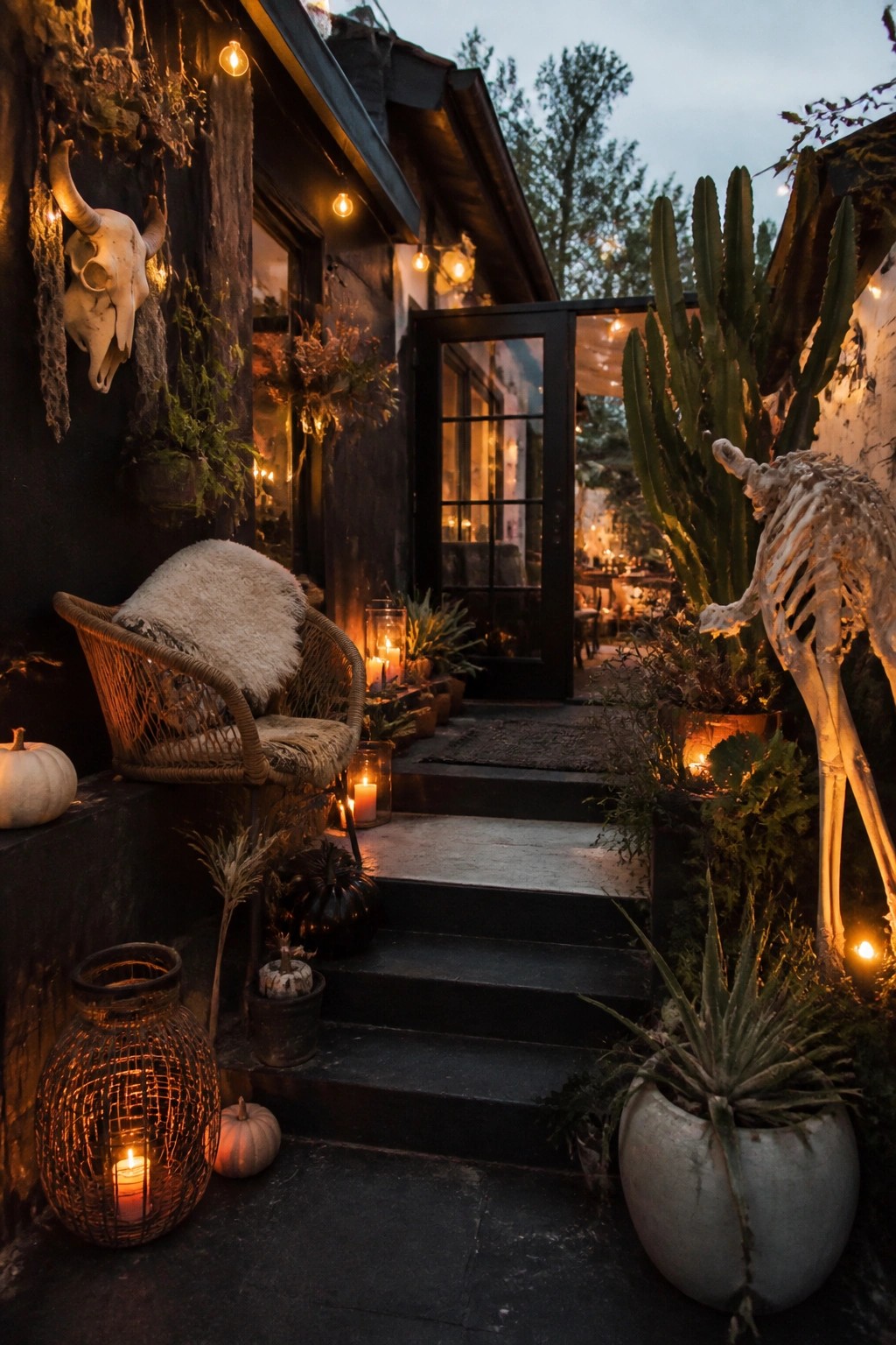 Exterior entry steps at dusk with a large animal skeleton decoration positioned on the right, a cow skull mounted on the wall, and scattered lanterns and black pumpkins.