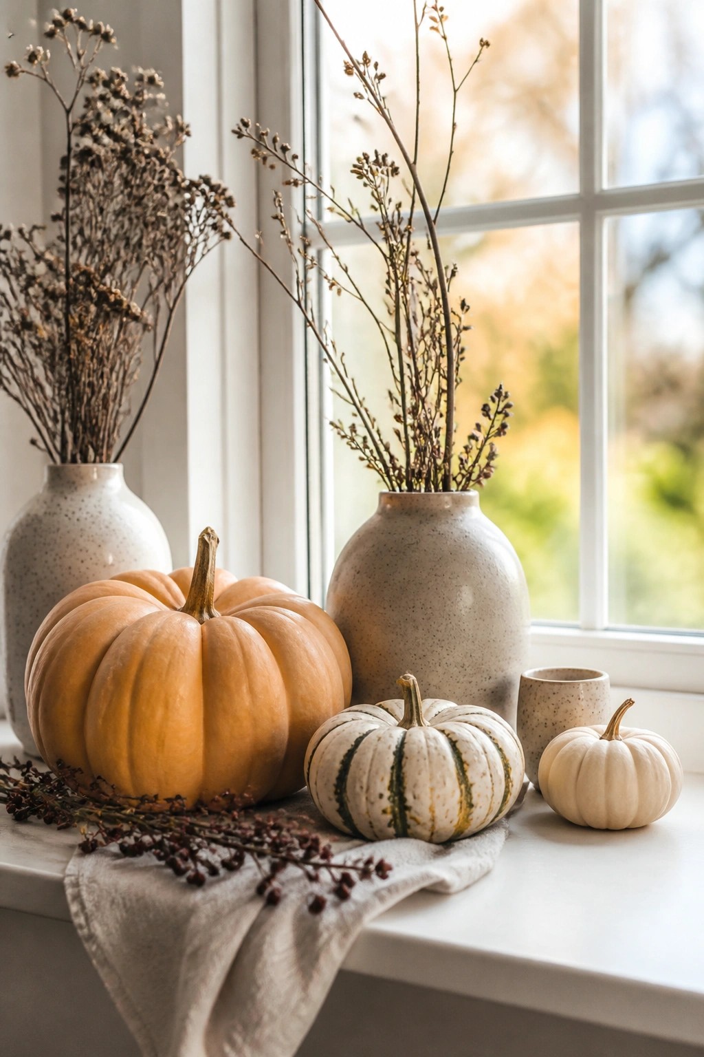 Windowsill display with three no-carve pumpkins of different sizes and colors next to speckled vases holding dried branches.