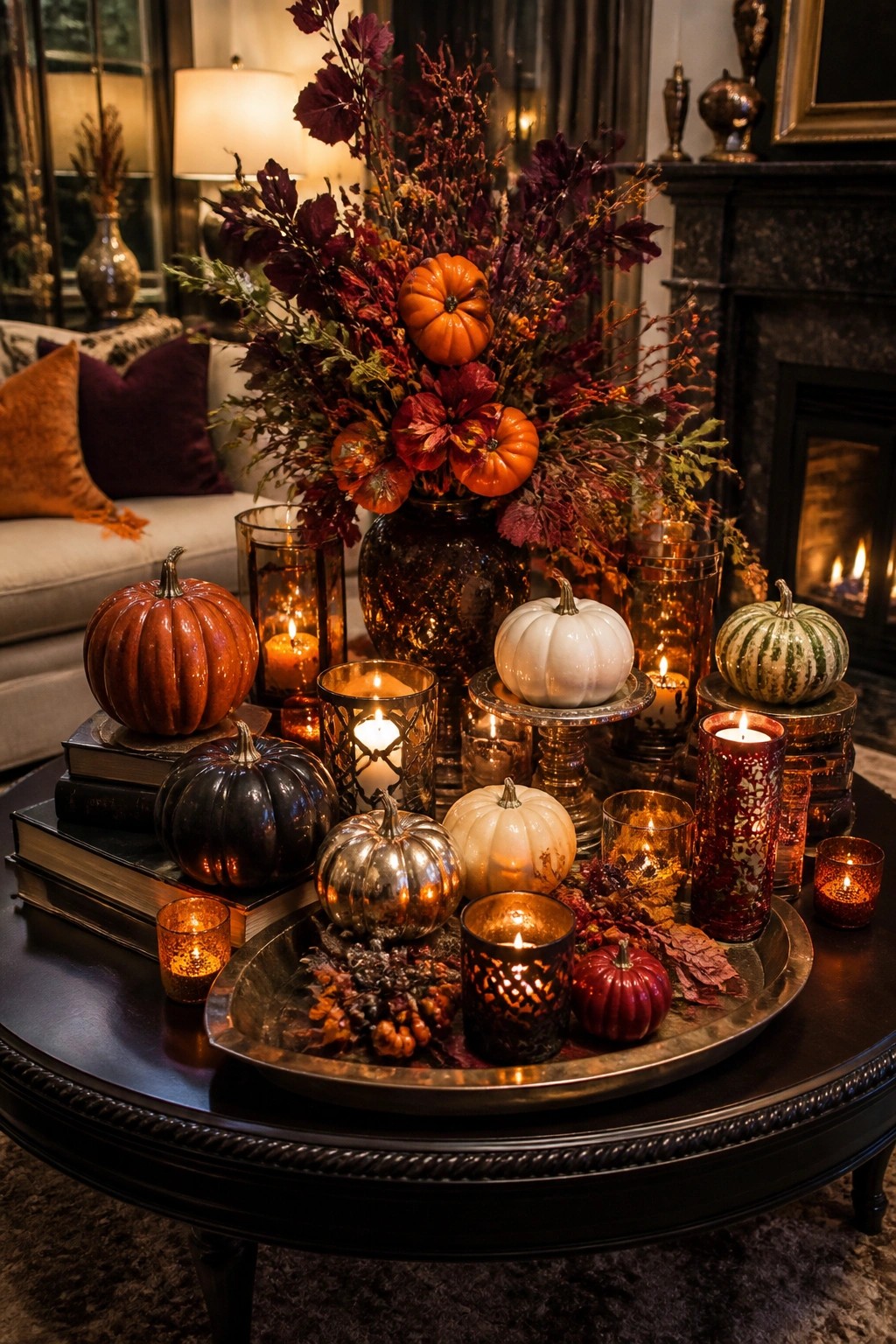 Coffee table vignette with a large metal tray holding metallic, white, orange, and black pumpkins surrounded by lit candles in glass holders.