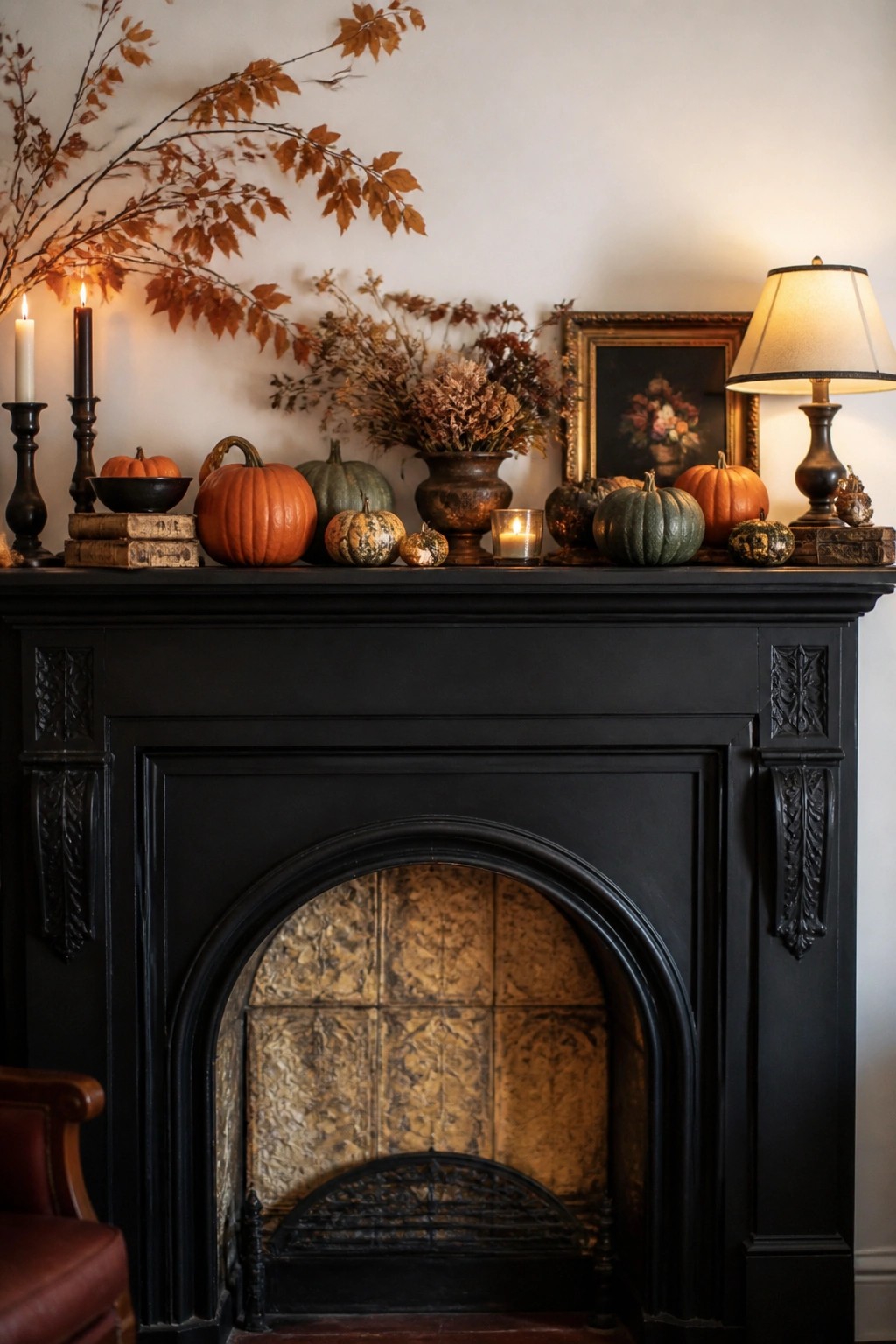 Black fireplace mantel topped with orange and green pumpkins of varying sizes, some with painted patterns, plus candles and dried branches.