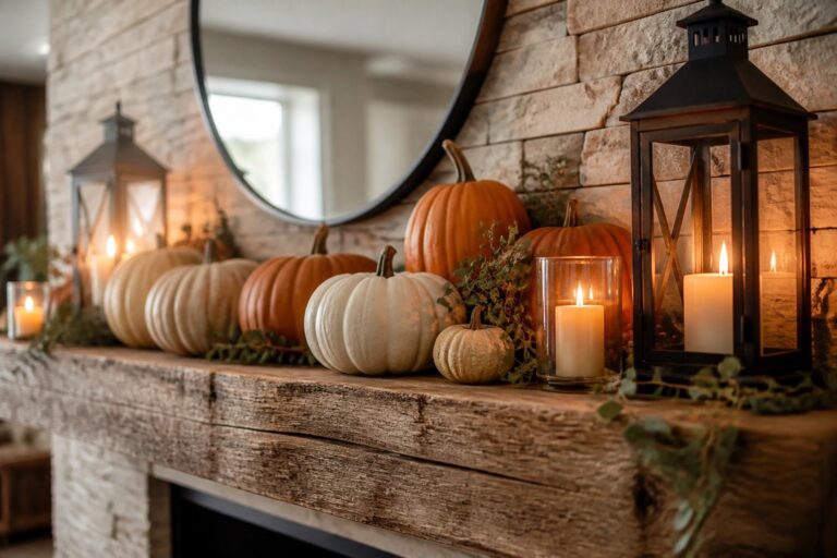 A rustic wooden mantel lined with white, orange, and green pumpkins of various sizes, along with lit candles in glass holders and black lanterns.
