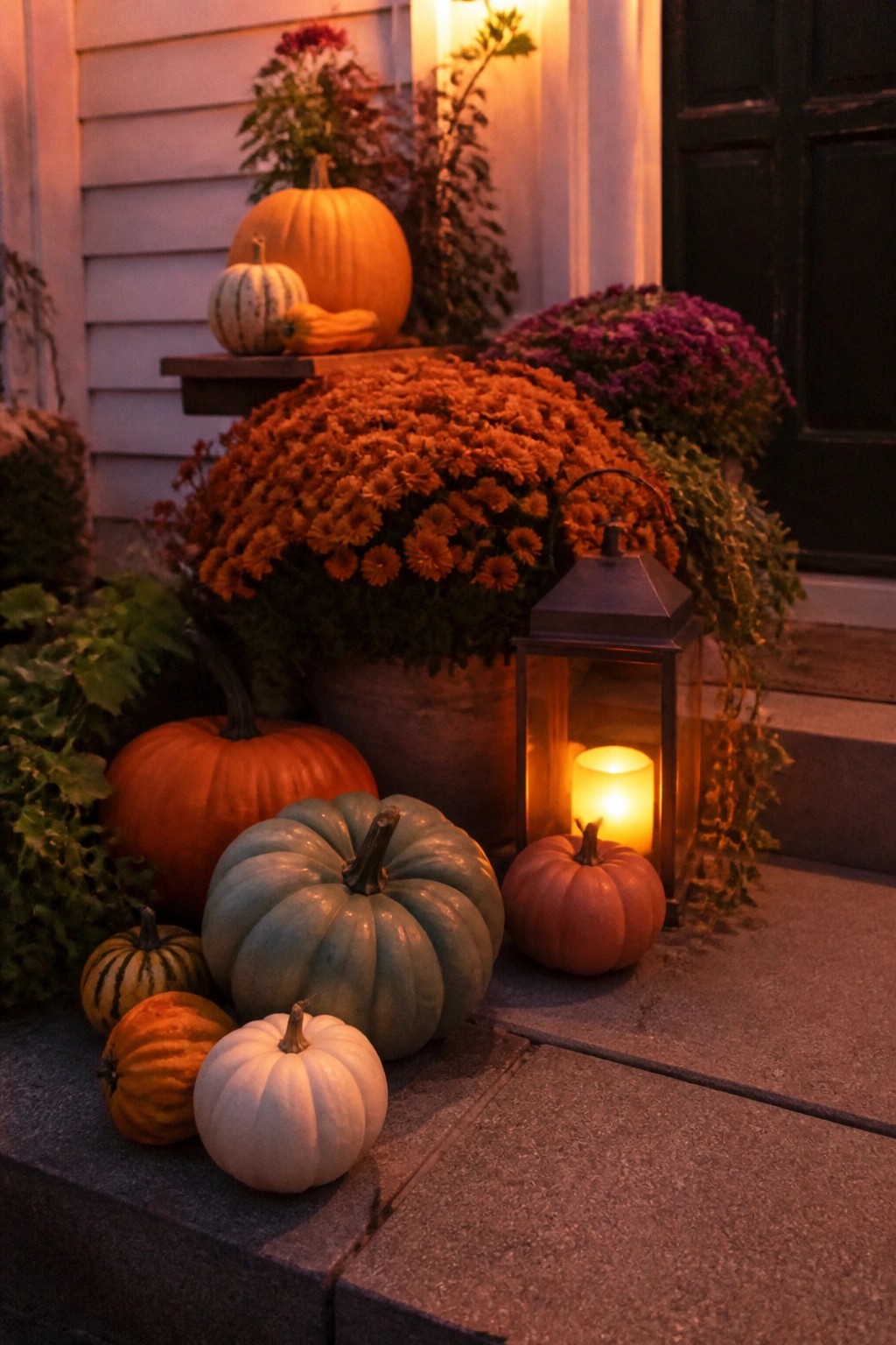 Pumpkins of various colors, orange mums, and glowing lantern on steps.