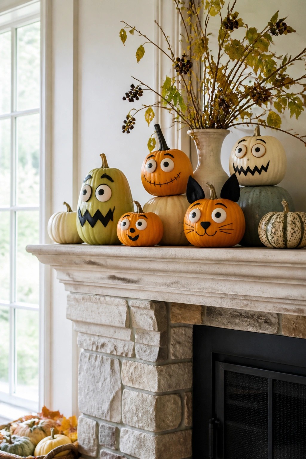 Stone fireplace mantel arranged with multiple pumpkins featuring painted cartoon faces and one ceramic vase holding autumn branches.
