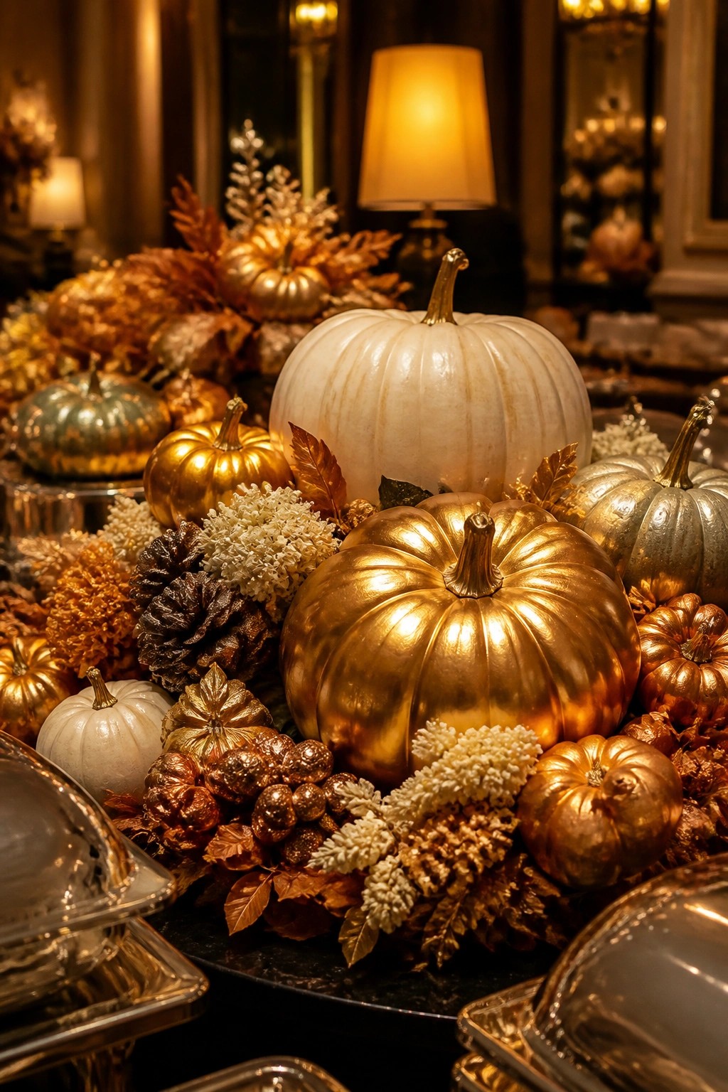 A tabletop arrangement of metallic gold, silver, and white pumpkins mixed with dried leaves and flowers on a dark surface.