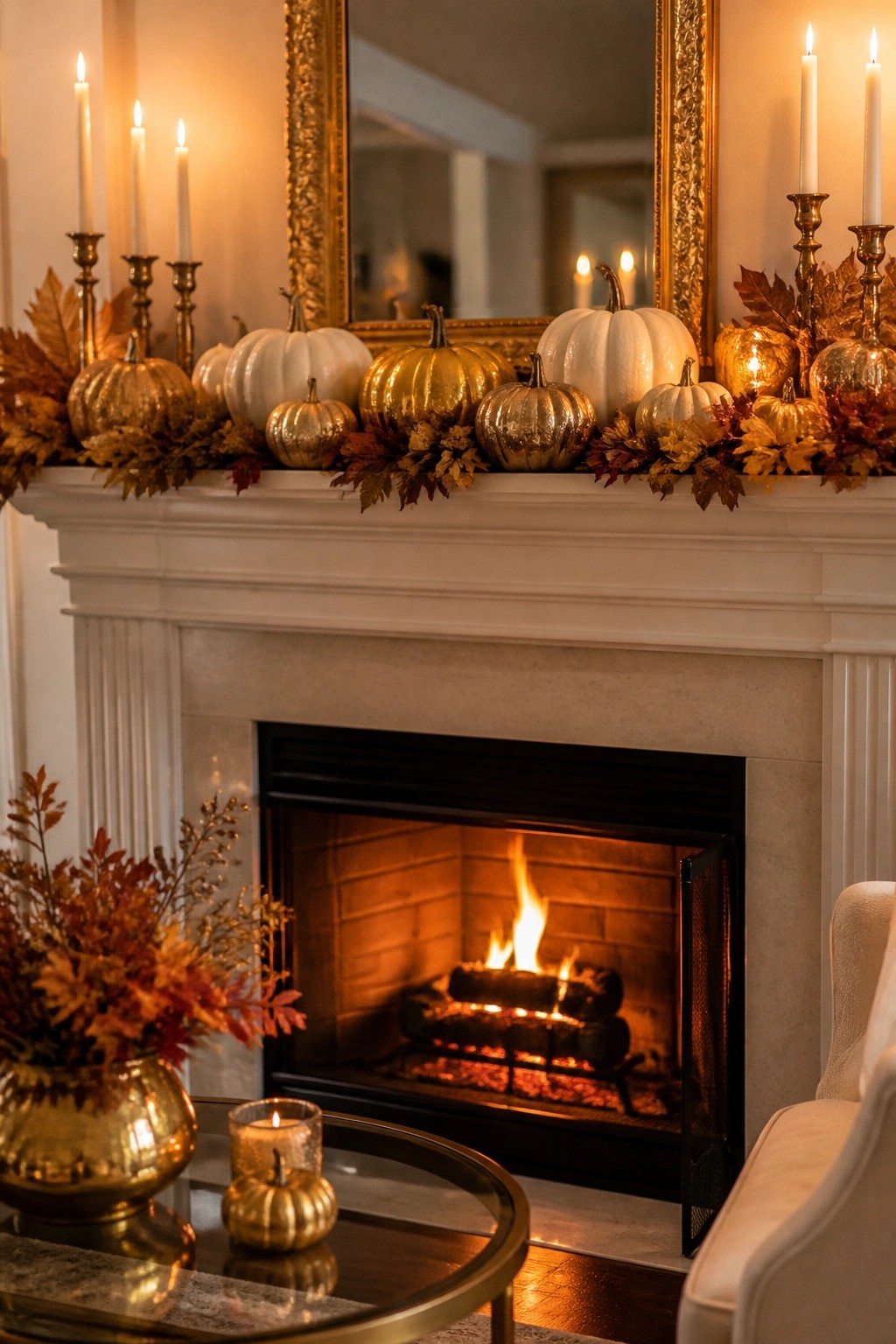 Elegant autumn mantel with white and gold pumpkins, lit candles, and burning fireplace