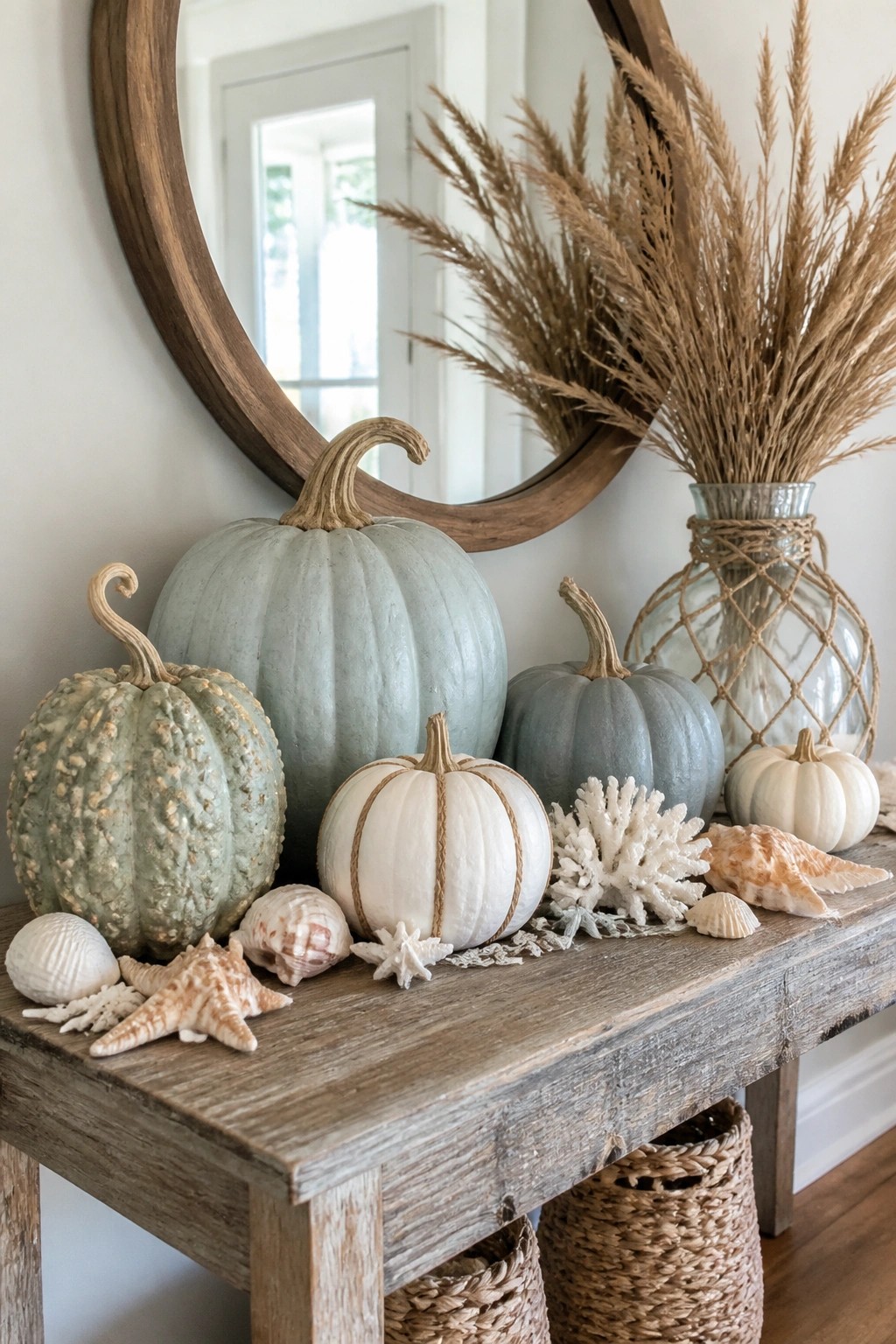 Wooden console table in an entryway holding a group of no-carve pumpkins in neutral tones with seashells and dried grasses.