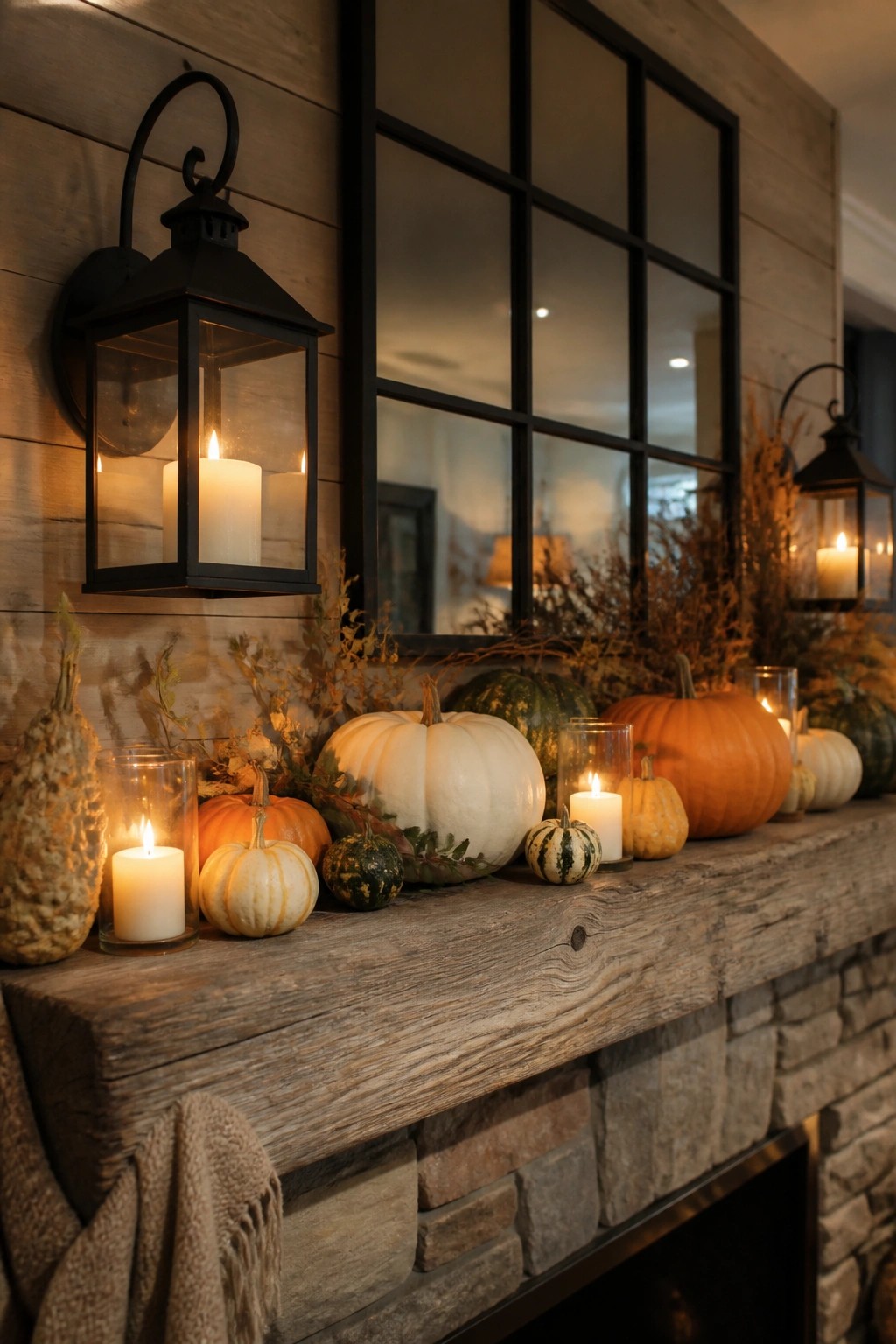 A rustic wooden mantel lined with white, orange, and green pumpkins of various sizes, along with lit candles in glass holders and black lanterns.