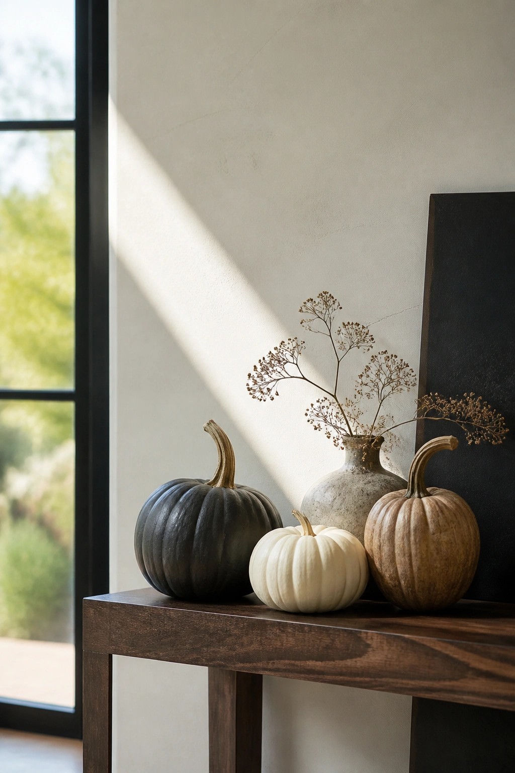 A dark wood console holds a dark gray pumpkin, a small white pumpkin, and a brown pumpkin next to a ceramic vase with dried flowers.