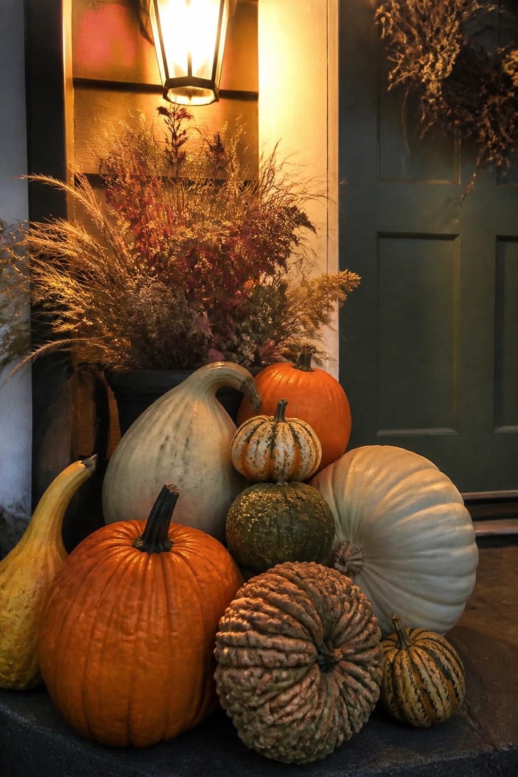 Front door steps arranged with a mix of orange, white, green, and striped pumpkins alongside a pot of dried grasses and a lit lantern overhead.