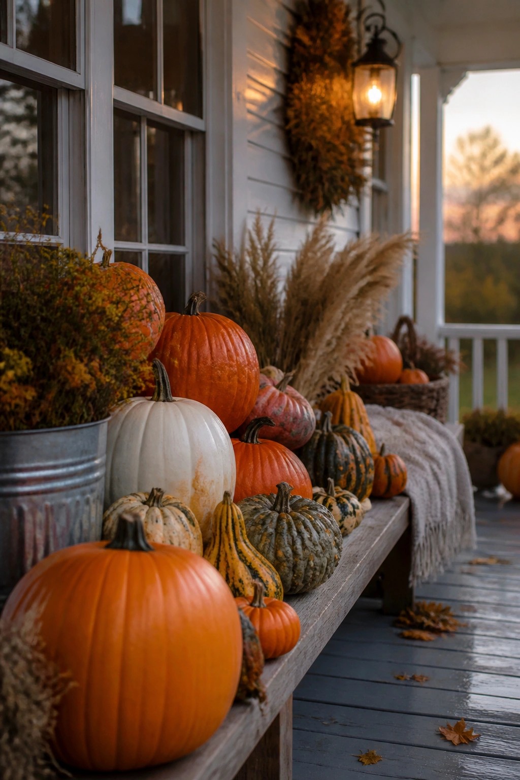 Front porch bench lined with whole pumpkins in orange, white, and striped varieties along with autumn plants and a lantern.