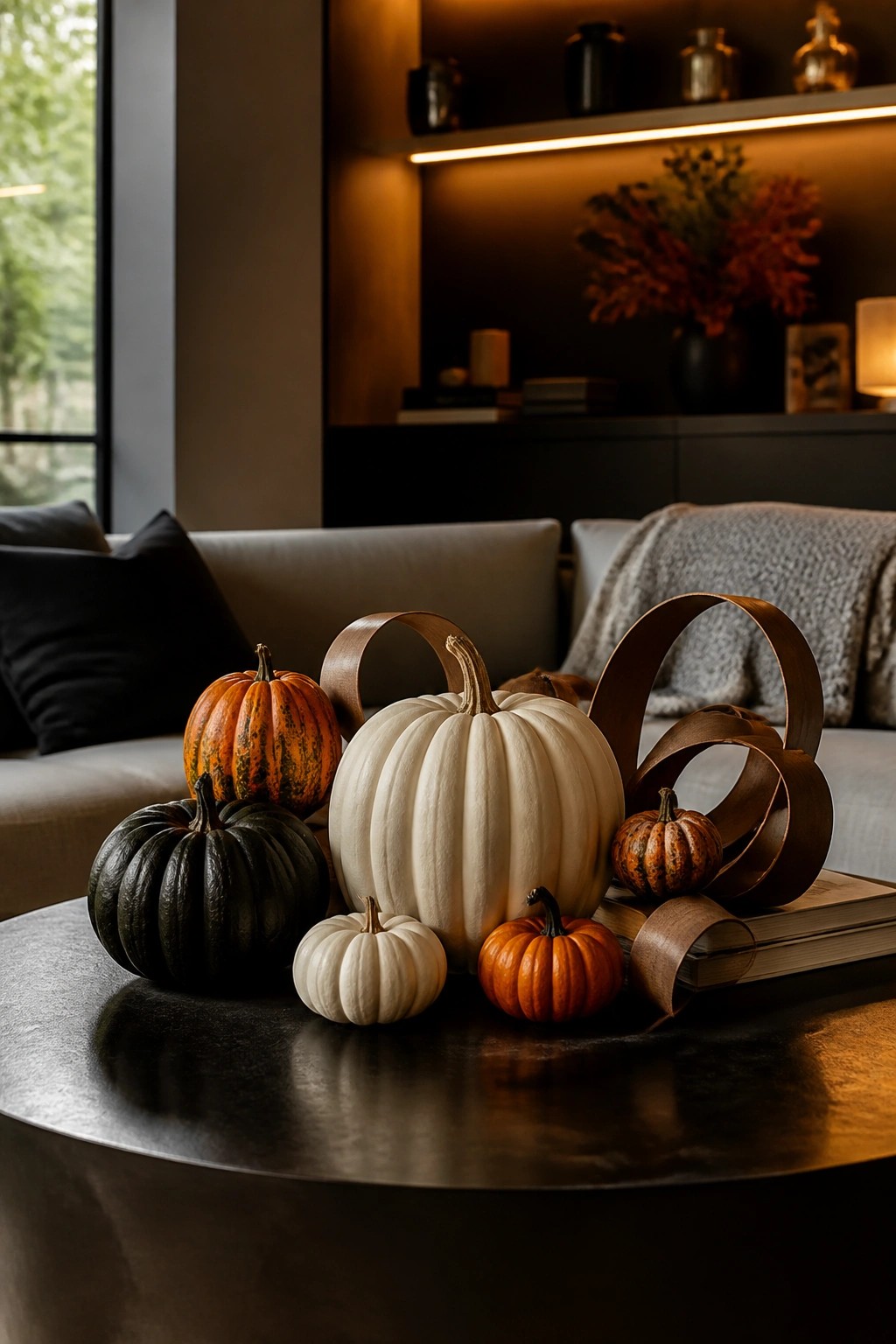 A round coffee table displays an assortment of white, orange, and dark green pumpkins arranged with brown ribbon on stacked books in a living room.