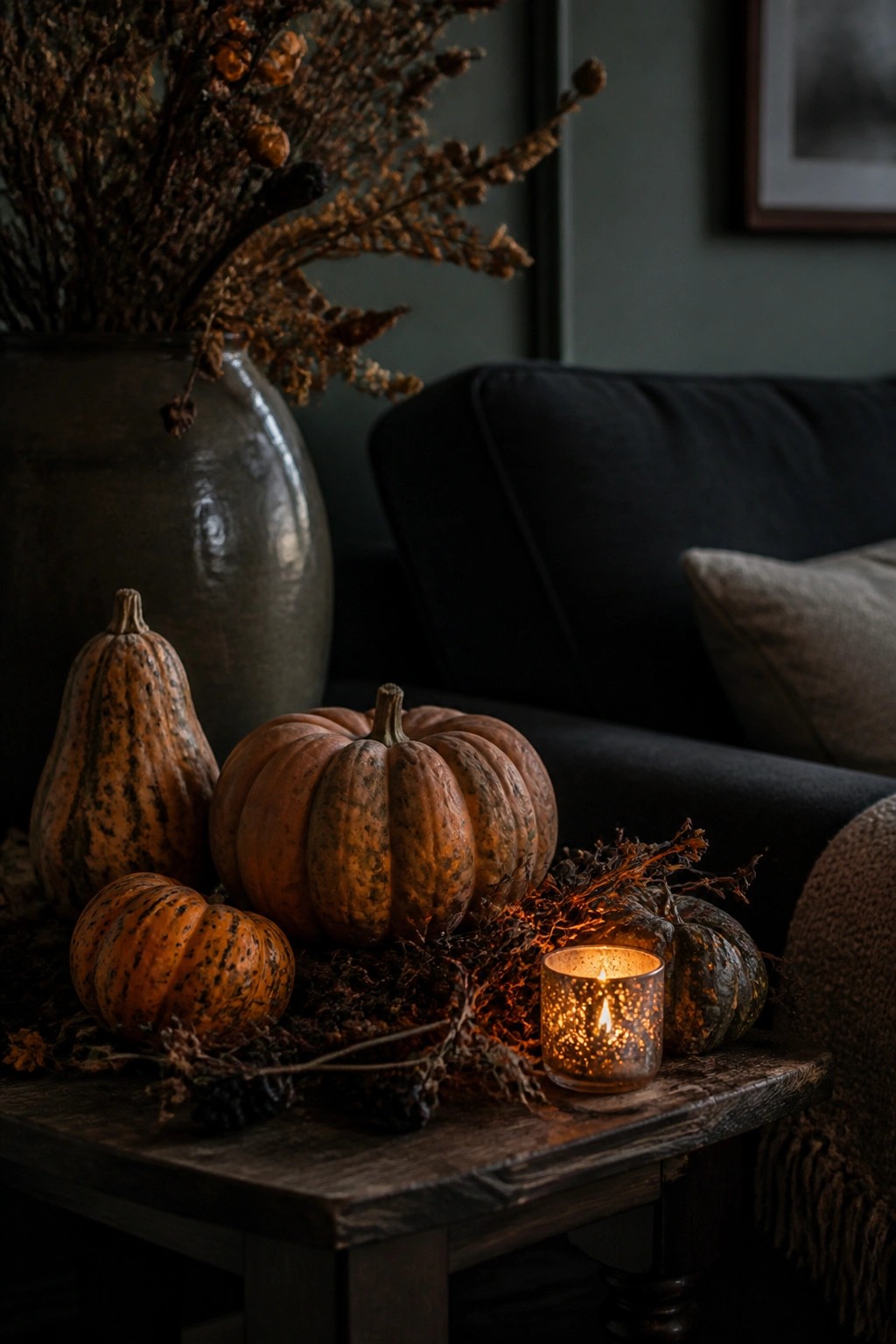 Pumpkins, lit candle, and dried foliage on dark wooden table with sofa behind