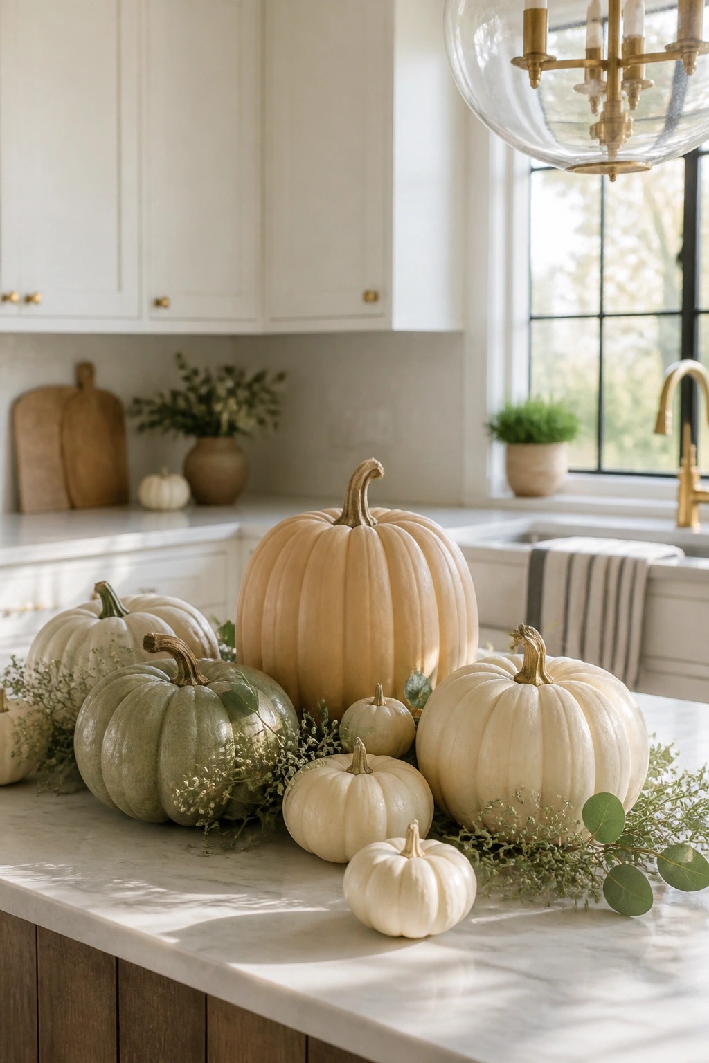 Kitchen island topped with a mix of white pumpkins in several sizes and some light greenery.