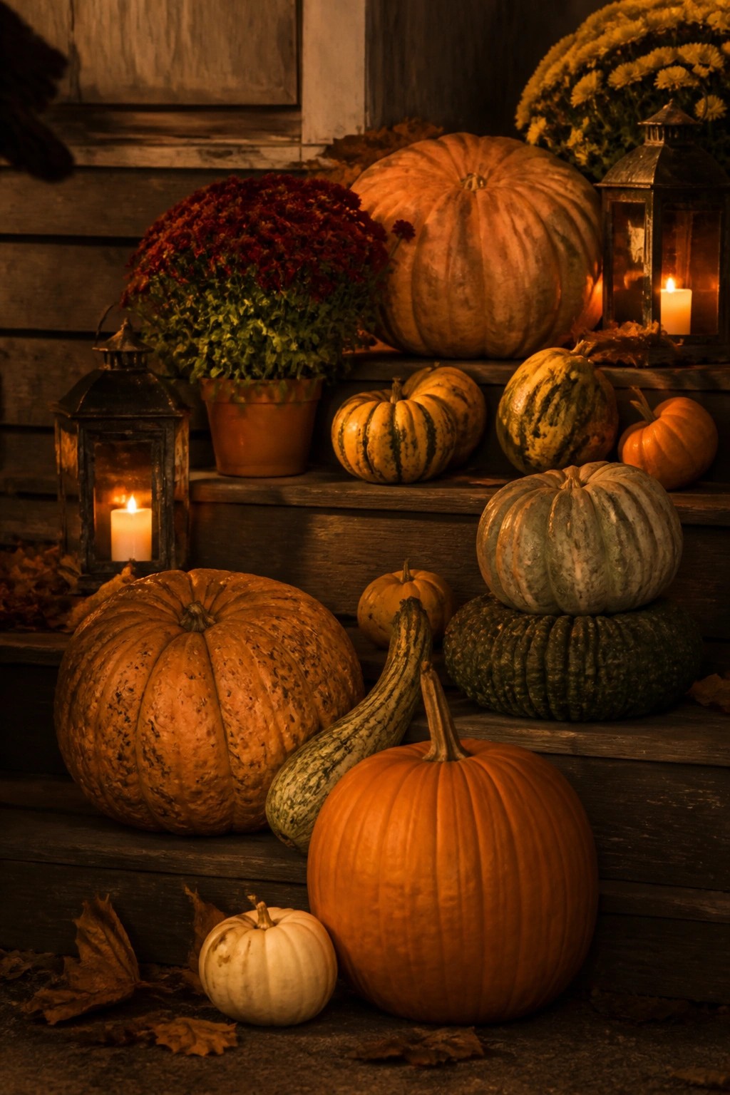 Wooden porch steps covered with a variety of whole pumpkins in orange, green, and white tones along with two lit lanterns and potted mums.