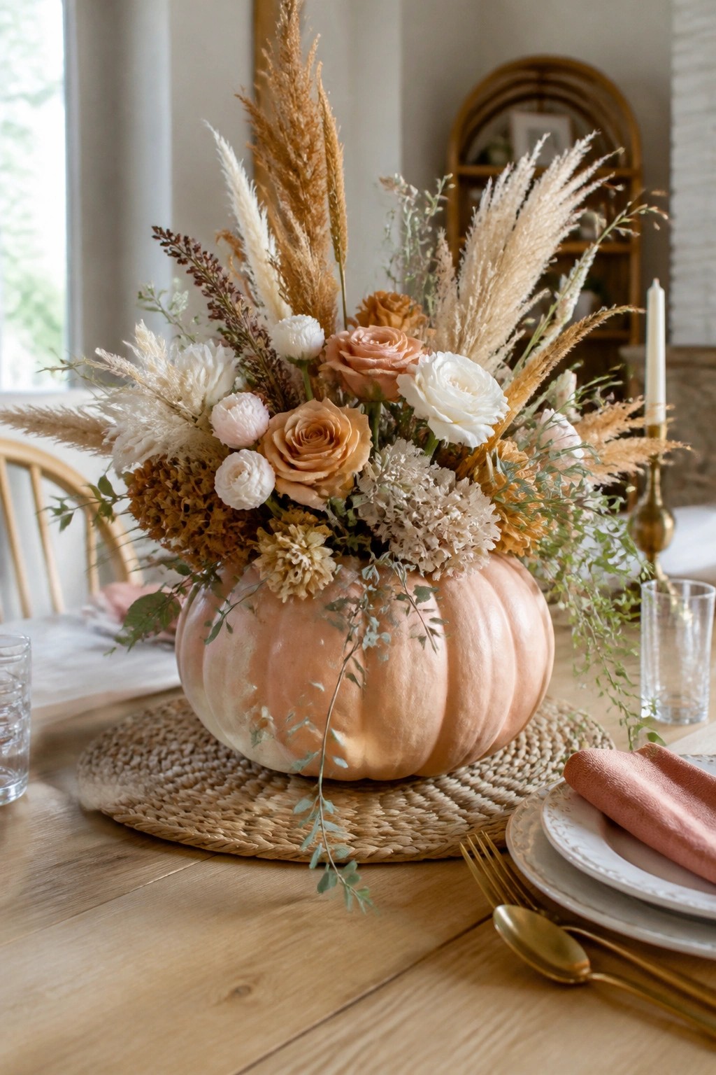 A peach painted pumpkin filled with roses, pampas grass, and dried florals sits as a centerpiece on a wooden dining table.